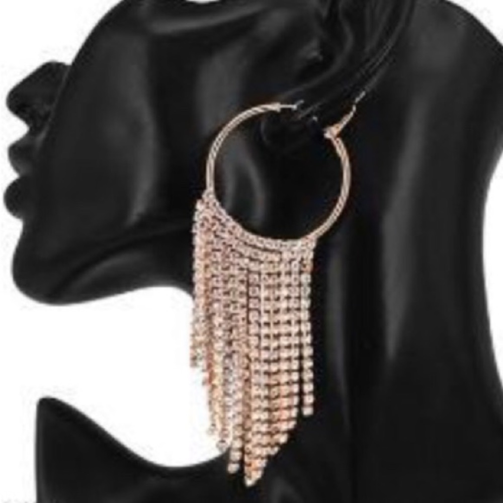 Gold Rhinestone Fringe Hoop Earrings